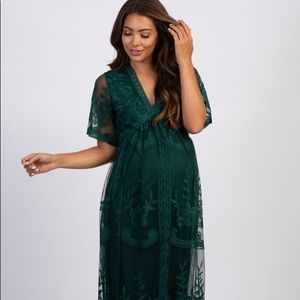 Emerald Green Lace Mesh Overlay Maternity Maxi